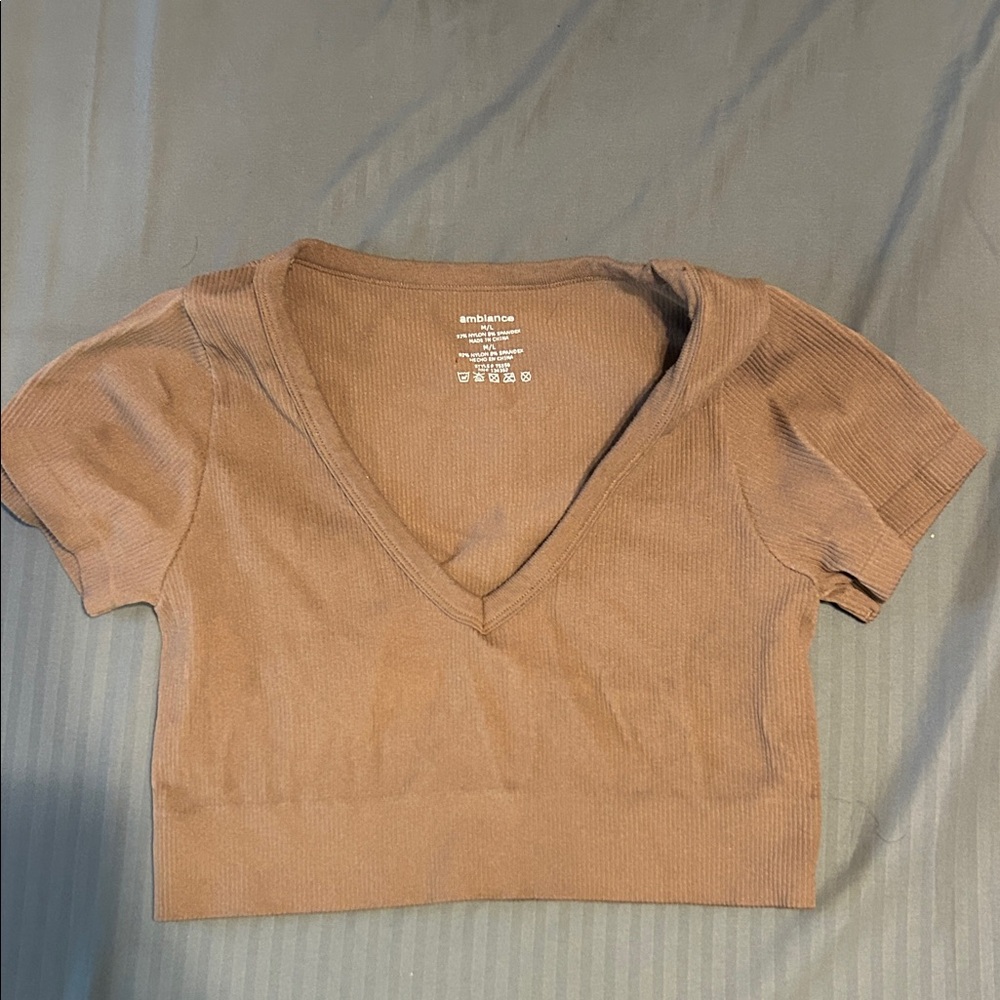 Stylish Brown Ribbed V-Neck Crop Top